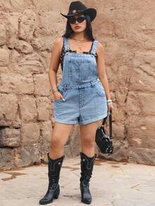 SHEIN Unity Bộ jumpsuit denim dáng rộng, đa năng, có túi, dành cho nữ cỡ lớn, phong cách Y2K, thích hợp mặc hàng ngày. - Rửa nhẹ - Xem 3