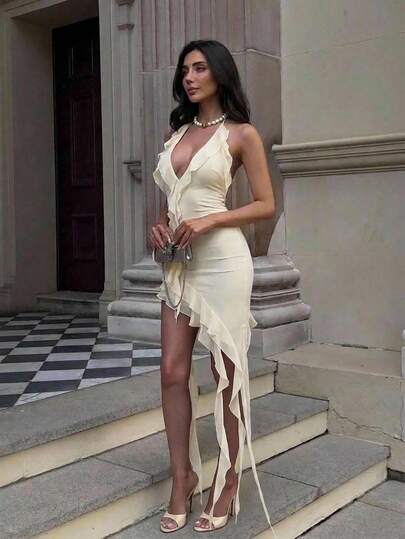 Aloruh Đầm ngắn nữ màu mơ thanh lịch, gợi cảm, lãng mạn, thời trang, phong cách Bohemian, cổ chữ V, kiểu yếm, viền bèo nhún, thích hợp cho mùa xuân/hè.