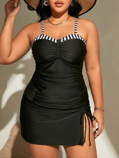 Swim Lushoire Plus Size Striped Patchwork Camisole & Skirt Tankini Set, Vacation & Beach