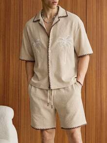 SWAVVY Men's Embroidered Shirt Set, Spring/Summer - Khaki - View 3