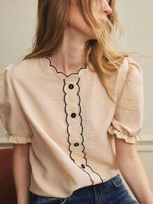 Écloséra Daily Versatile Elegant Temperament Commuting Casual Short Sleeved Khaki Women's Shirt Summer Wear Women's Commuting Wear Ruffled Women's Shirt Women's Elegant Top Women's Casual Top Women's Social Top Embroidered Lace Collar Button Decoration Women's Spring And Summer Top Shirt Scalloped Trim Blouse Puff Sleeve Top Blouse For Women Casual Modern Latest Tops For Women New Arrivals French Style Clothes Women - Khaki - View 4