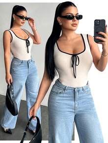 SHEIN SXY Body sin mangas con ribete de contraste para mujer - Multicolor - Ver 7