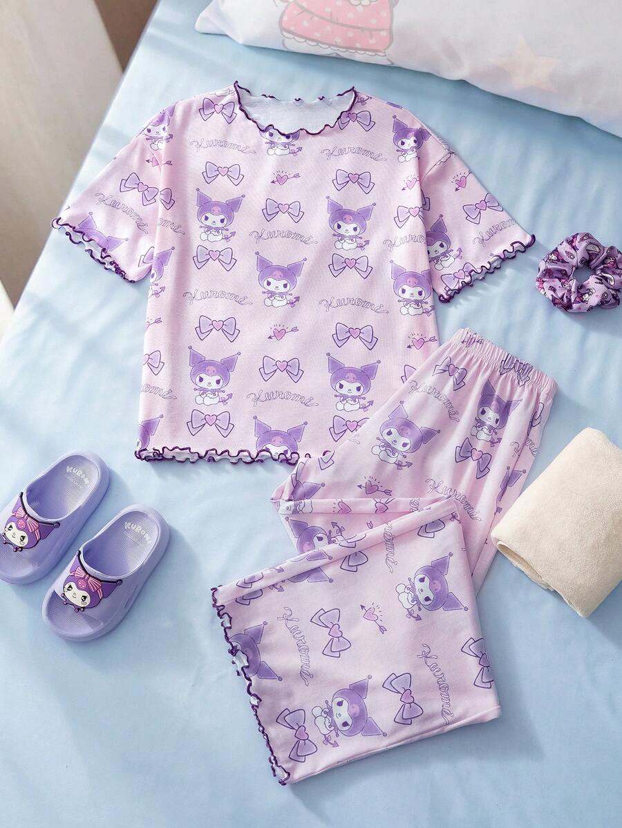 HELLO KITTY AND FRIENDS | SHEIN 少女卡通印花荷叶边短袖上衣和裤子睡衣套装 - 淺粉色 - 查看 1