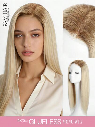 16 Inch Color S/613# Ombre Light Blonde 100% Human Hair Wigs For White Women, 4x12cm Side Part Mono Lace Straight Wavy Glueless Wig, 150% Density Soft, Healthy Real Human Hair, Natural Look For Daily & Wear Parties