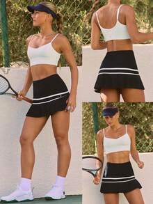 GLOWMODE FeatherFit™-Air 轻盈如丝般柔软的速干吸汗运动文胸及内置短裤，搭配褶裥迷你网球裙，轻度支撑，低冲击运动，适合网球、高尔夫、匹克球等运动，日常休闲穿着。 - 黑色 - 查看 9