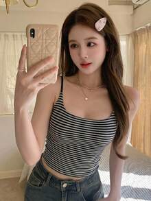 DAZY 夏季女士休闲条纹吊带背心 - 黑與白 - 查看 2