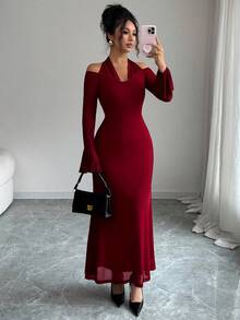 Elenzga Women's Elegant Halter Neck Patchwork Flare Sleeve Long Sleeve Dress, Autumn - Burgundy - View 4