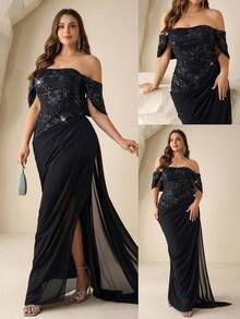 Coutiva Đầm dạ hội cỡ lớn hở vai, đính sequin và phối nhiều mảnh vải. - màu đen - Xem 1