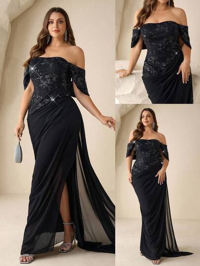 Coutiva Plus Size Off-Shoulder Sequin Patchwork Formal Evening Gown Elegant Sequin Embellished Long Sleeve Dress, High-End Formal Gown For Banquet Women's Formal Evening Dress Gown (Heavy Embroidery) Women Rhinestone Embellished Sheer Black Long Evening Gown, Wedding Guest Dress, Elegant Evening Dress, Prom Dress, For Wedding Dress Waist And Chest Slimming, Party Dress, Formal Dress