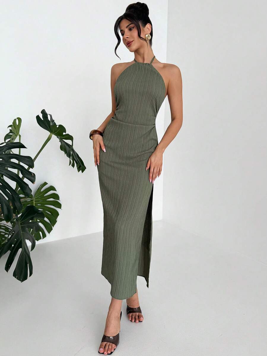Firerie Women's Elegant Romantic Date Holiday Dress, Green Halter Neck Backless Ruched Waist Straight Hem Dress, Beach Holiday Dress, Beach Cover Up - Olive Green - View 1