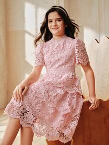 Anewsta Girls' Lace Cake Dress, Long Sleeve Pink Summer Dress For Toddler & Big Tween Girl - Pink - View 4
