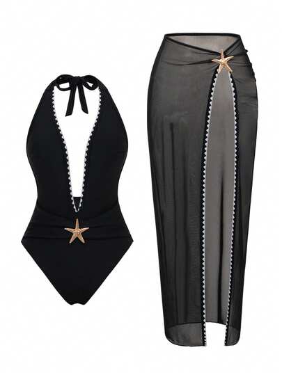 Swim Oasis Women's Black Halter Starfish Decor Sexy Beachwear One Piece Swimsuit, Suitable For Beach Vacation