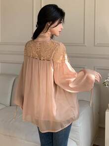DAZY Mesh Jacquard Splice Chiffon Loose Long Sleeve Pullover Elegant Summer Blouse For Women - Pink - View 2