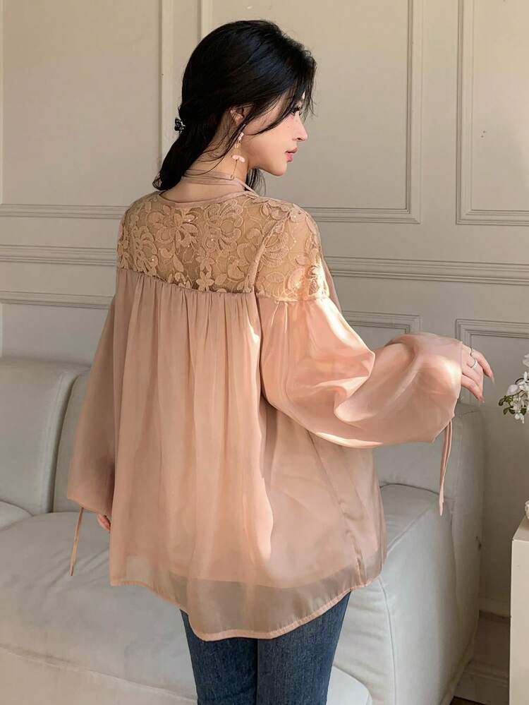 Mesh Jacquard Splice Chiffon Loose Long Sleeve Pullover Elegant Summer Blouse For Women