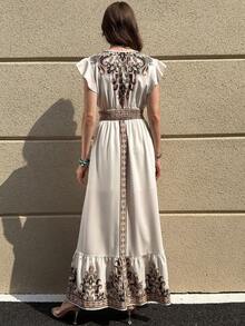 Solivie 女士优雅褶皱短袖抽绳腰水果印花连衣裙，春夏度假连衣裙 - 彩色 - 查看 2