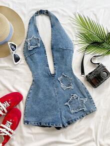 Soleia 春夏新款休闲度假西部海滩婚礼宾客着装毕业早午餐圣帕特里克节春假复活节音乐节优雅波西米亚热带性感深V弹力星形露背吊带牛仔连体裤 - 藍色 - 查看 1