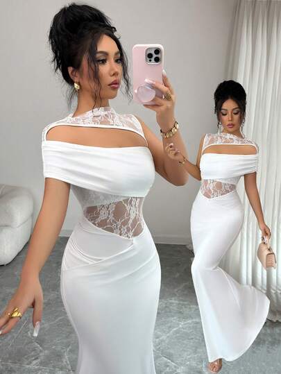 Rafferiza White, High-Neck, Lace-Trimmed, Off-The-Shoulder, Gathered, Sexy Sleeveless Fishtail Dress For Women; Elegant Women's Formal Wear; Elegant Dress; Summer Holiday Outfit; Outing Outfit; Luxury Dress; Women's White Dress; White Skirt; Outing Outfit; Everyday Outfit.