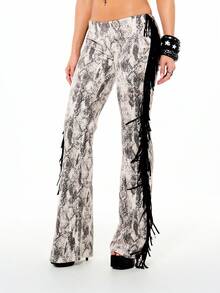 SUMWON WOMEN Snake Print Suede Flare Trouser Black Fringe Detail Wide Leg Boho Pants For Fall Winter Festival Fashion - Multicolor - View 3