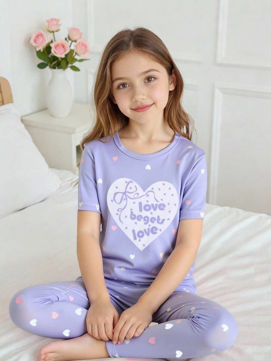 Conjunto de pijama informal y lindo para niñas con top de manga corta con estampado de corazón y leggings - Azul - Ver 1
