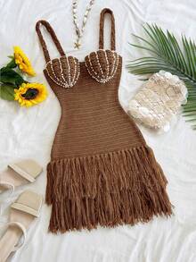 Soleia Đầm ngắn ôm sát dáng vỏ sò, viền tua rua, dây mảnh, phong cách Bohemian, Boho, thích hợp cho kỳ nghỉ, mùa xuân/hè, ngày Valentine, hẹn hò. - Lạc đà - Xem 3