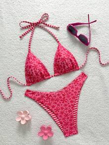 Swim Mod 2026 New Spring/Summer Women 2pcs Swimwear Set, Random Floral Print, Beach Holiday Elegant Casual Swimwear - Red - View 1