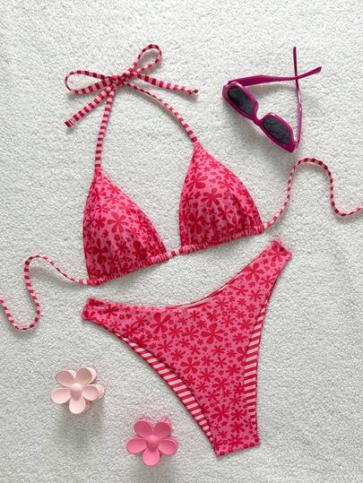 Swim Mod 2026 New Spring/Summer Women 2pcs Swimwear Set, Random Floral Print, Beach Holiday Elegant Casual Swimwear