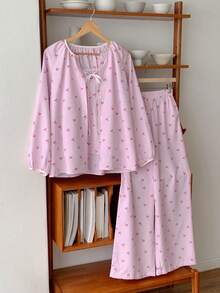 DAZY 3pcs/Set Sweet Cherry Striped Print Cardigan Top, Camisole And Pants Women Pajama Set - Pink - View 6