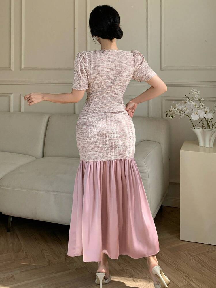 Women's Elegant Faux Pocket Petal Sleeve Top And Color Block Skirt 2-Piece Set, Spring/Summer