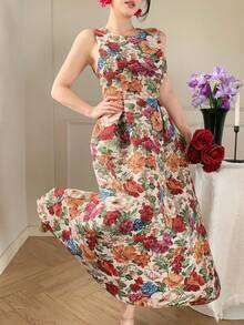 DAZY Women's Elegant Floral Print Round Neck Sleeveless Mid-Length Dress, Summer,Wedding Guest Dress Women Sundress Boho - Red - View 4