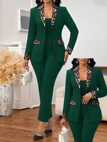 SHEIN Lady Women's Leopard Print Patchwork Blazer And Pants Suit In Fall/Winter - Dark Green - View 1
