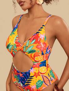 Travachic Plus Size Tropical Plant Print Cutout Front Twist One-Piece Swimsuit, Sexy & Slimming, Suitable For Beach Vacation Summer Outfits, Spring Clothing,Spring Outfit Women, Going Out Outfits, Vacation Outfits Women,Holiday Outfits, Casual Outfit For Women, Boho Style Women, Resort Outfit For Women, Island Holiday Outfit, Havana Outfit, Tropical Outfit, Mexican Style Plus Size Bathing Suits Women - Multicolor - View 7
