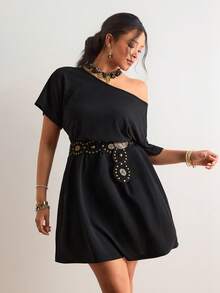 Freevana 波西米亚风黑色露肩连衣裙，宽松短袖腰部褶裥裙摆，优雅小众设计，显瘦休闲/约会连衣裙 - 黑色 - 查看 5