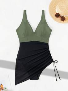 Swim Lushoire 女士夏季新款网纱抽绳性感修身连体泳衣比基尼 - 軍綠色 - 查看 3