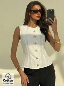 Aloruh Women's Cotton Casual Daily White Star Metal Decor Blazer Jacket, Spring/Summer - White - View 9