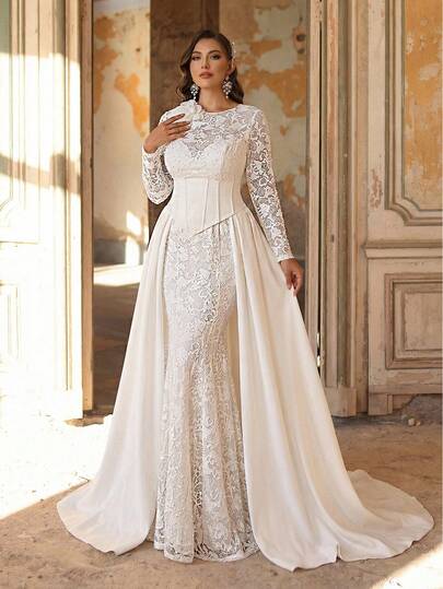 Aureia Plus Size Elegant Luxurious Pearl Beaded Lace Patchwork Elastic Knit Mermaid Maxi Dress, Round Neck Long Sleeve Sheer 3D Floral Decor Trailing Dress, Suitable For Wedding, Party, Holiday, Bridal