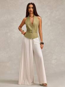 SHEIN Women Modern Khaki Belted Vest - Khaki - View 3