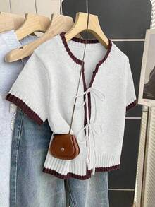 SHEIN Franclia 休闲宽松圆领短袖针织上衣，前系带设计，撞色滚边，卡其色，春夏女装短袖毛衣短袖开衫针织衫短款开衫夏季开衫女士夏季开衫短款针织开衫短袖针织开衫女士可爱上衣可爱休闲上衣可爱短袖上衣短袖开衫女士上衣和衬衫 - 白色 - 查看 3