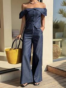 DAZY Bộ đồ denim nữ gồm áo sơ mi trễ vai và quần jeans ống đứng dáng rộng, thích hợp cho phong cách thường ngày. - Rửa tối - Xem 4