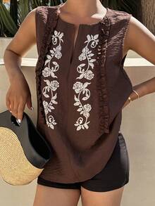 DAZY 女士无袖圆领印花宽松休闲背心 - 棕色 - 查看 3