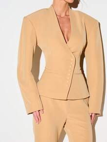 KIZN 女士米色灯笼袖纽扣前襟修身西装外套，深V领设计，适合专业工作和办公室穿着。 - 黃色 - 查看 5