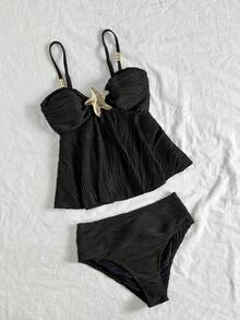 Swim Chiccia 女士夏季吊带海星装饰金色串珠优雅吊带比基尼上衣 - 黑色 - 查看 5