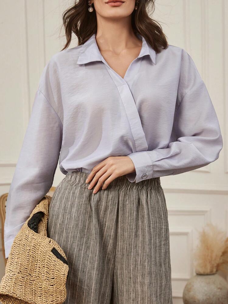 Women's Solid Color Overlap Casual Commuter Long Sleeve Shirt Business Casual Woman