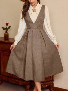 Vintamour 复古经典优雅女士修身无袖连衣裙，腰带金属纽扣V领伞裙摆，藏蓝色 - 棕色 - 查看 5