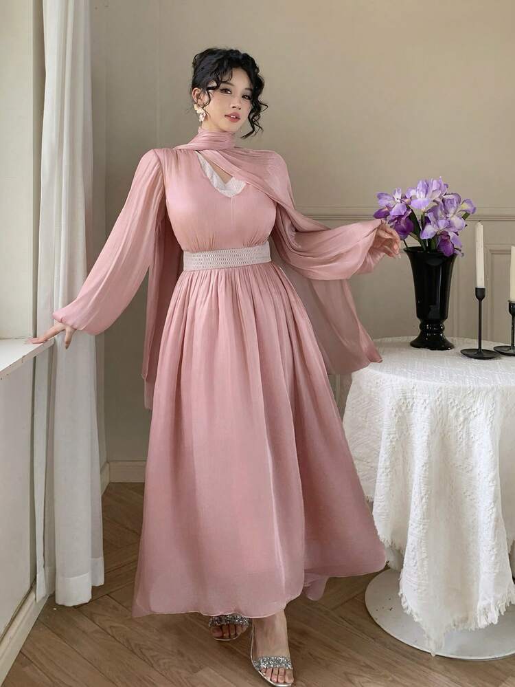 Spring & Summer Lace Trim Scarf Shawl, Elegant For Valentine's Day, Wedding, Party, Formal Occasion. Chiffon Dress With Long Sleeves, Waist Cinched, Flowy Skirt, Suitable For Commuting And Formal Events