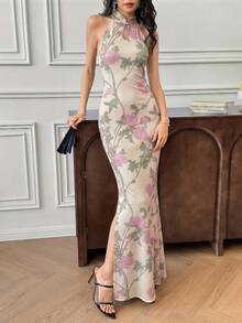 EastFlair Đầm maxi cổ yếm in hình bướm thanh lịch dành cho nữ mùa hè - Màu be - Xem 2