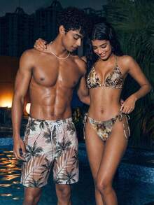 Horizaway Quần short nam in họa tiết thực vật toàn thân, túi xéo, eo dây rút, kiểu dáng thường ngày, thích hợp đi nghỉ mát hoặc đi biển. - Màu Khaki - Xem 1