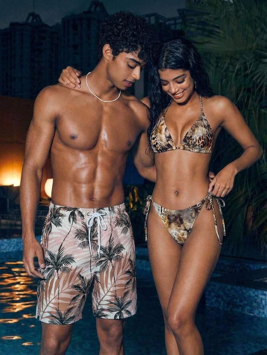 Horizaway Quần short nam in họa tiết thực vật toàn thân, túi xéo, eo dây rút, kiểu dáng thường ngày, thích hợp đi nghỉ mát hoặc đi biển. - Màu Khaki - Xem 1