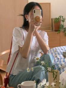 DAZY Women Solid Color Short Sleeve Shirt, Business Casual Summer,Ruffle - White - View 5