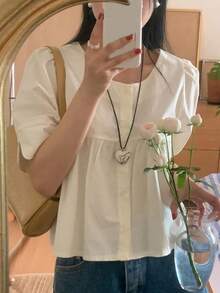 DAZY Women Solid Color Short Sleeve Shirt, Business Casual Summer,Ruffle - White - View 6