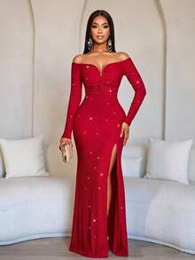 SOLERSUN 女士时尚优雅 V 领露肩美人鱼下摆鸡尾酒会夜总会紧身性感连衣裙，适合圣诞派对度假和约会 - 紅色 - 查看 8